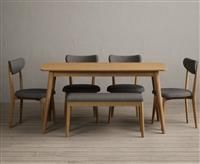 Nordic 150cm Solid Oak Dining Table with 2 White Nordic Chairs and 1 Grey Nordic Benches