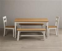 Kendal 150cm Solid Oak and Cream Painted Dining Table with 2 Oak Kendal Chairs with 1 Oak and Cream Bench
