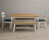 Kendal 150cm Solid Oak and Signal White Painted Dining Table with 2 Charcoal Grey Kendal Chairs with 1 Oak and White Bench