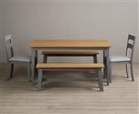 Kendal 150cm Solid Oak and Light Grey Painted Dining Table with 2 Light Grey Kendal Chairs with 1 Oak and Grey Bench