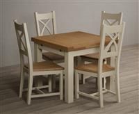 Extending Hampshire 90cm Oak and Cream Dining Table with 4 Linen X Back Chairs