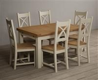 Extending Hampshire 140cm Oak and Cream Painted Dining Table with 6 Linen X Back Chairs
