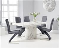 Belle 160cm White Marble Dining Table With 4 Grey Aldo Chairs