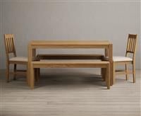 York 150cm Solid Oak Dining Table with 2 Linen York Chairs with 1 Oak Bench