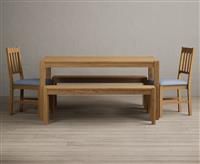 York 150cm Solid Oak Dining Table with 2 Blue York Chairs with 1 Oak Bench
