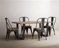 Herringbone 190cm Solid Oak and Metal Dining Table With 4 Herringbone Oak and Metal Chairs