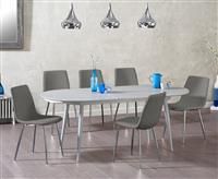 Olivia Extending Light Grey High Gloss Dining Table With 4 Grey Astrid Faux Leather Chairs