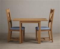 Extending York 70cm Solid Oak Dining Table With 2 Blue X Back Chairs
