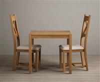 York 80cm Solid Oak Dining Table With 2 Linen X Back Chairs