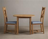 Extending York 90cm Solid Oak Dining Table With 2 Blue X Back Chairs
