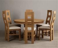 Hertford 120cm Fixed Top Solid Oak Round Pedestal Table With 4 Linen Flow Back Chairs