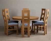Hertford 120cm Fixed Top Solid Oak Round Pedestal Table With 4 Blue Flow Back Chairs