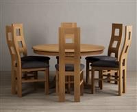 Hertford 120cm Fixed Top Solid Oak Round Pedestal Table With 4 Charcoal Grey Flow Back Chairs