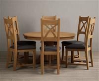 Hertford 120cm Fixed Top Solid Oak Round Pedestal Table With 4 Charcoal Grey X Back Chairs