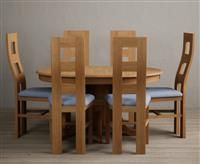 Extending Hertford 100cm - 130cm Solid Oak Pedestal Dining Table With 4 Blue Flow Back Chairs