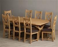 Extending Olympia 180cm Solid Oak Dining Table With 10 Blue X Back Chairs