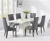 Carvelle 200cm White Pedestal Marble Dining Table with 6 Grey Francesca Chairs