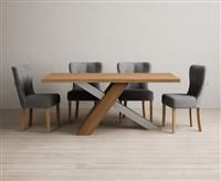 Michigan 180cm Solid Oak and Metal Industrial Dining Table with 6 Grey Keswick Chairs