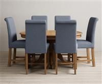 Extending Hertford 100cm - 130cm Solid Oak Pedestal Dining Table with 4 Blue Chairs