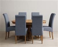 Extending Hertford 100cm - 130cm Solid Oak Pedestal Dining Table with 4 Blue Chairs