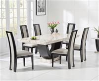 Novara 170cm Cream and Black Pedestal Marble Dining Table with 4 Black Novara Chairs