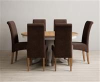 Extending Hertford 100cm - 130cm Oak and Soft White Painted Pedestal Dining Table with 4 Brown Chairs