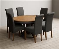 Extending Hertford 100cm - 130cm Oak and Charcoal Grey Painted Pedestal Dining Table with 4 Charcoal Grey Scroll Back Chairs