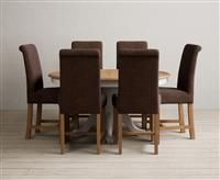 Extending Hertford 100cm - 130cm Oak and Soft White Painted Pedestal Dining Table with 4 Brown Chairs
