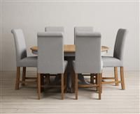 Extending Hertford 100cm - 130cm Oak and Light Grey Painted Pedestal Dining Table with 4 Grey Chairs