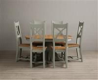 Extending Hertford 100cm - 130cm Oak and Soft Green Painted Pedestal Dining Table with 4 Oak Chairs