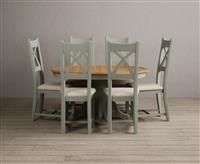 Extending Hertford 100cm - 130cm Oak and Soft Green Painted Pedestal Dining Table with 4 Linen Painted Chairs