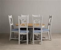 Extending Hertford 100cm - 130cm Oak and Soft White Painted Pedestal Dining Table with 4 Blue Chairs