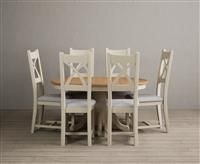 Extending Hertford 100cm - 130cm Oak and Cream Painted Pedestal Dining Table with 4 Light Grey Painted Chairs