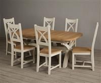 Extending Olympia 180cm Oak and Cream Painted Dining Table with 6 Linen Painted Chairs