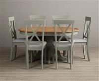 Extending Hertford 100cm - 130cm Oak and Soft Green Painted Pedestal Dining Table with 4 Light Grey Hertford Chairs