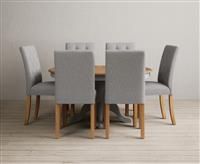 Extending Hertford 100cm - 130cm Oak and Light Grey Painted Pedestal Dining Table with 4 Grey Isabella Chairs