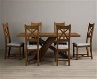 Michigan 180cm Rustic Oak and Metal Black Leg Industrial Dining Table with 6 Light Grey Rustic Solid Oak Chairs