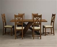 Michigan 180cm Rustic Oak and Metal Black Leg Industrial Dining Table with 6 Cream Rustic Solid Oak Chairs