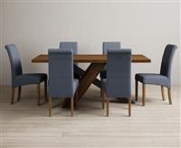 Michigan 180cm Rustic Oak and Metal Black Leg Industrial Dining Table with 6 Blue Scroll Back Chairs