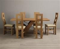 Michigan 180cm Solid Oak and Metal Industrial Dining Table with 6 Cream Natural Solid Oak Chairs