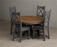 Hertford 120cm Fixed Top Oak and Charcoal Grey Painted Dining Table with 6 Rustic Oak Painted Chairs