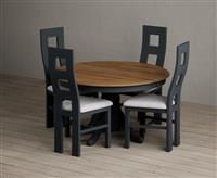Hertford 120cm Fixed Top Oak and Dark Blue Painted Dining Table with 6 Light Grey Painted Chairs