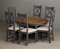 Extending Hertford 100cm - 130cm Oak and Charcoal Grey Painted Pedestal Dining Table with 4 Linen Painted Chairs