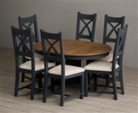 Extending Hertford 100cm - 130cm Oak and Dark Blue Painted Pedestal Dining Table with 4 Rustic Oak Painted Chairs