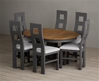 Extending Hertford 100cm - 130cm Oak and Charcoal Grey Painted Pedestal Dining Table with 6 Blue Painted Chairs