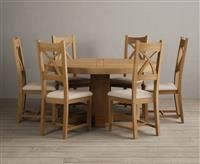 Helmsley 150cm Round Oak Dining Table with 6 Linen Natural Solid Oak Chairs