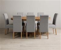 Extending Helmsley Oak Pedestal Dining Table with 8 Blue Scroll Back Chairs