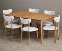 Extending Ruben 150cm Retro Oak Dining Table with 6 White Nordic Chairs