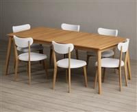 Extending Ruben 200cm Retro Oak Dining Table with 6 White Nordic Chairs