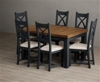 Extending Buxton 140cm Oak and Dark Blue Painted Dining Table with 8 Light Grey Painted Chairs